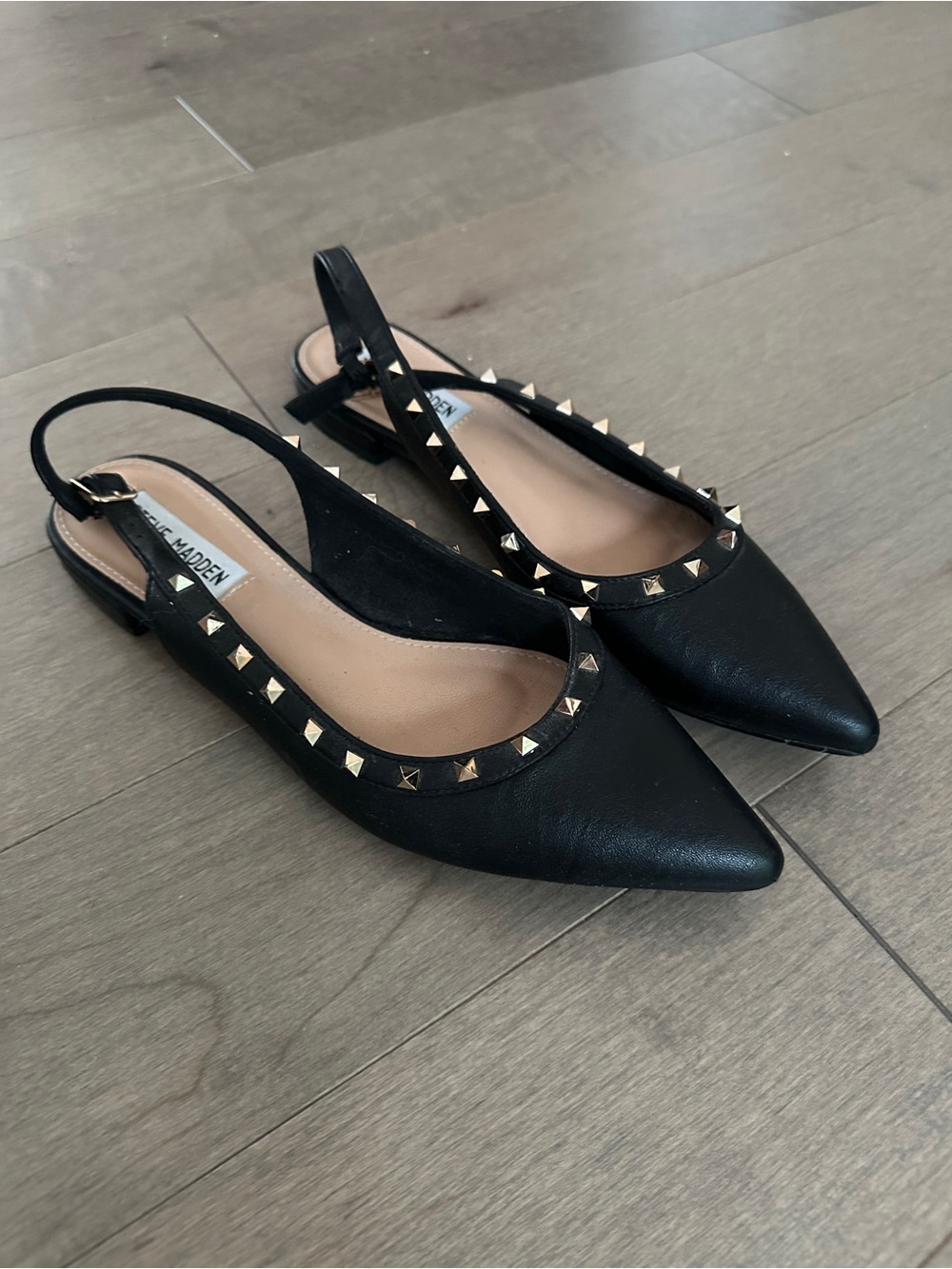 Steve Madden Black Pointed Slingback Flats with Gold Studs